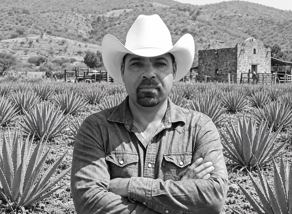 Mauro Débora Escobar, maestro mezcalero, con sombrero y los brazos cruzados entre agaves en Nombre de Dios, Durango