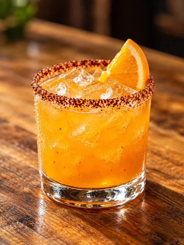 Mezcalita de naranja con hielo en vaso escarchado con chile y un gajo de naranja